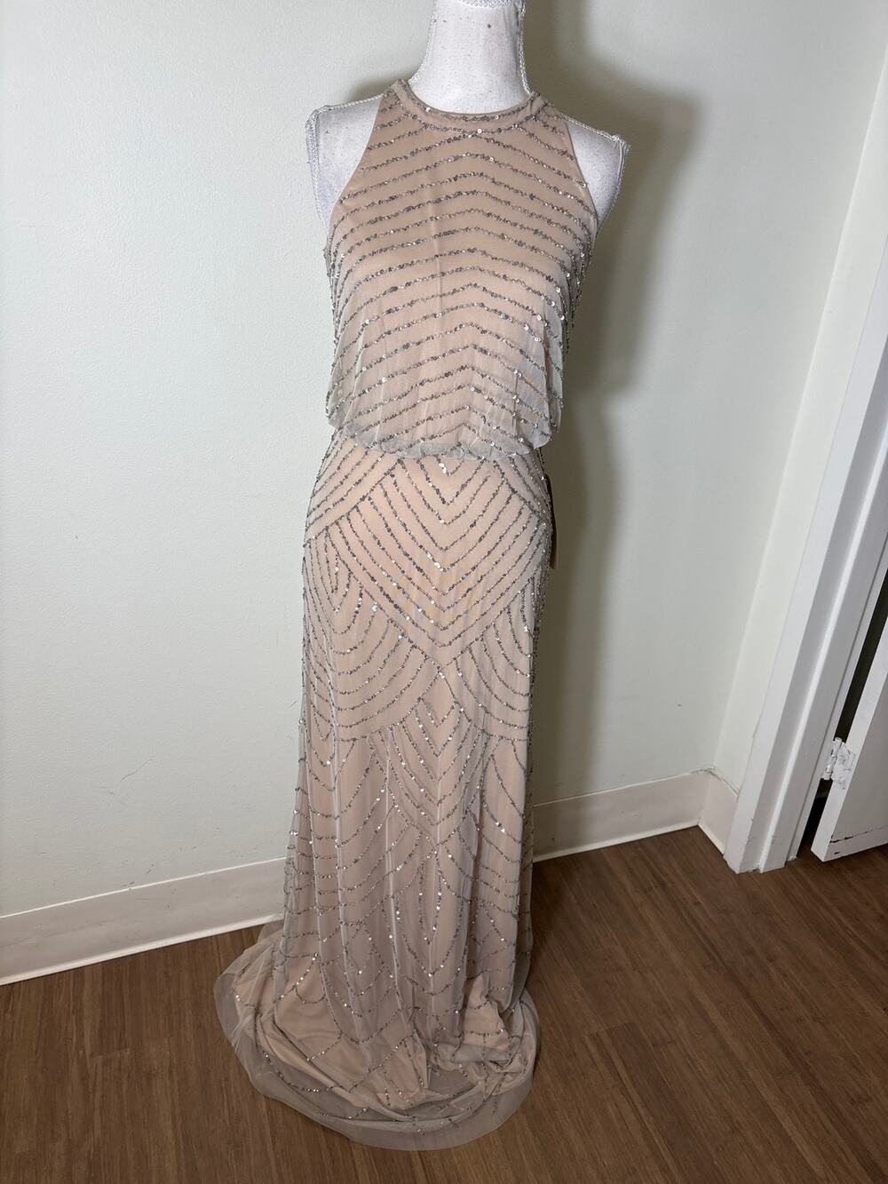 NWT Adrianna Papell Silver Sequin Nude Halter Gown Sz 0